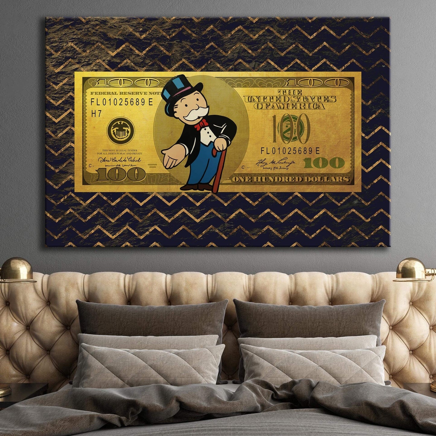 The Perfect Addition to Your Room Alec Monopolys Gold Style US Dollar Wall Art Print with Uncle Sam and 100 Bill Design