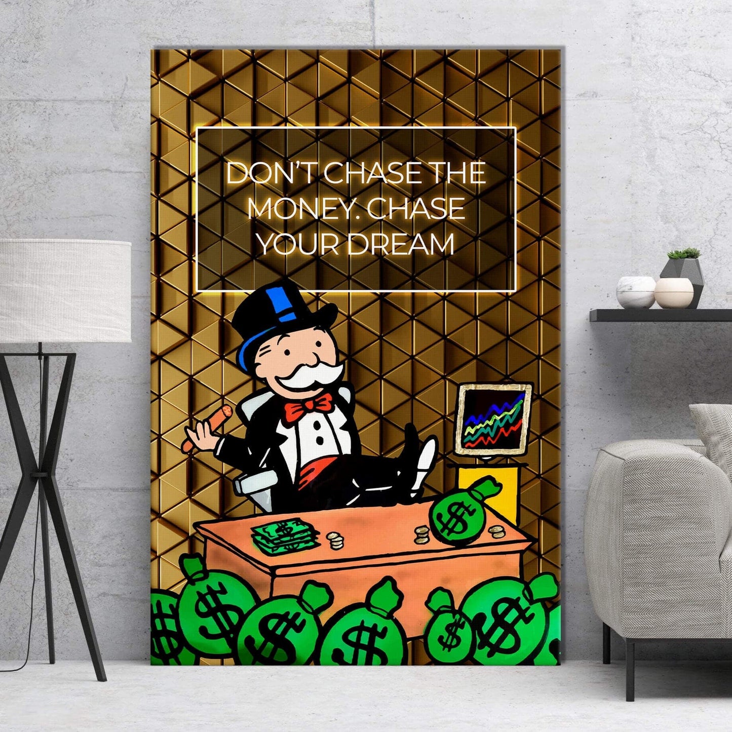 ALEC MONOPOLY Wall Art - Chase Your Dreams with this Motivational Canvas - Luxury Lifestyle in Gold Monopoly Man Pop Art