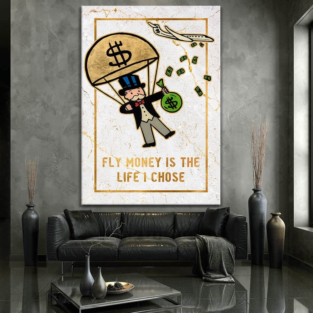 Limited Edition Alec Monopoly Canvas - Gold Fly Money Life Motivational Wall Art for Luxury Office Decor