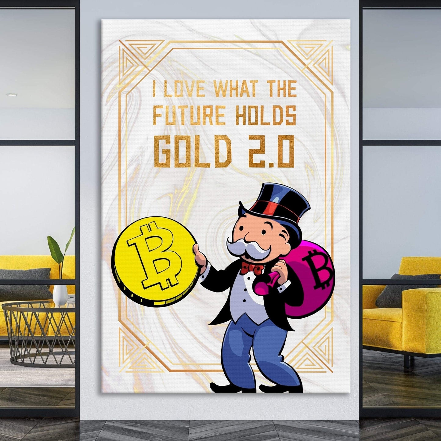 Bitcoin Gold Limited Edition Alec Monopoly Canvas - Motivational Office Art in Acrylic Metal and Canvas - USA Made - Various Sizes Available