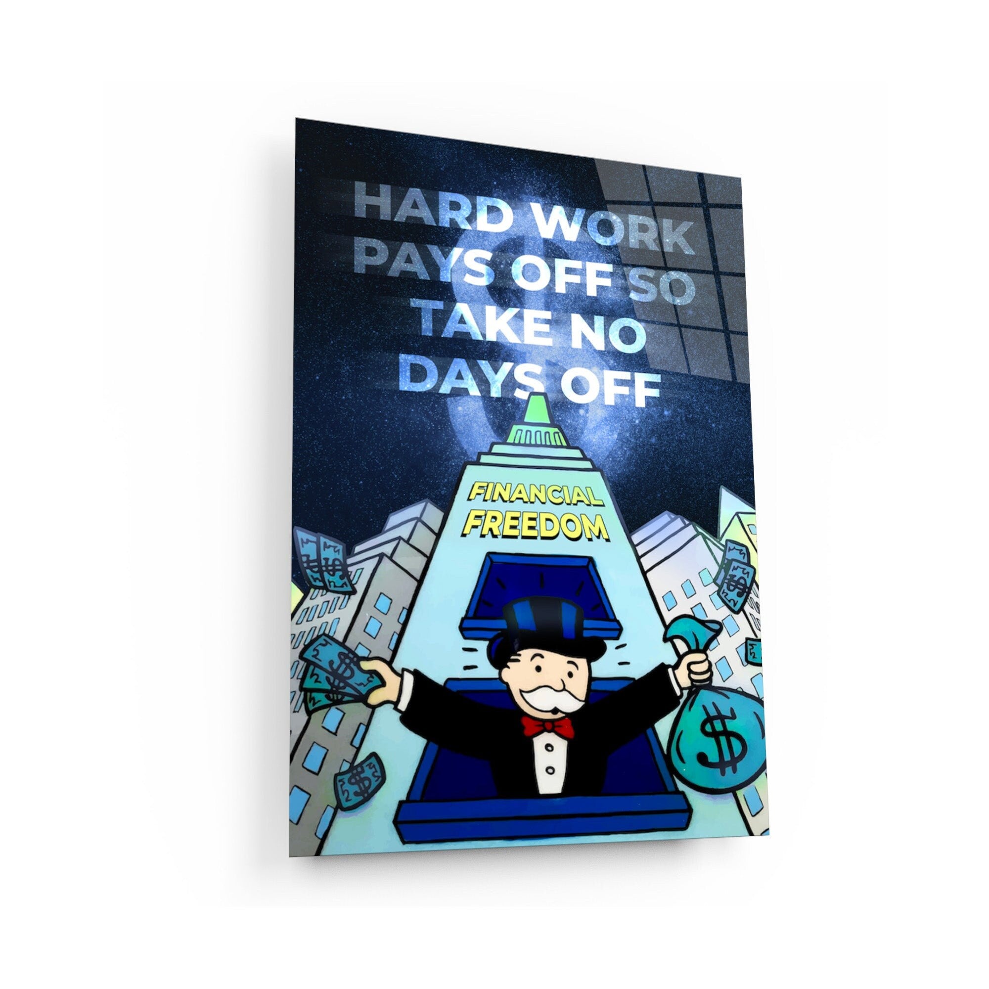 ALEC MONOPOLY Blue Canvas Hard Work Pays Off for Financial Freedom