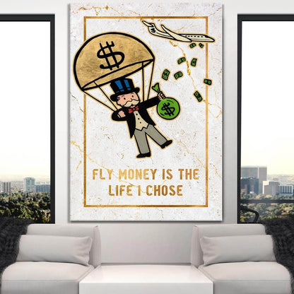 Limited Edition Alec Monopoly Canvas - Gold Fly Money Life Motivational Wall Art for Luxury Office Decor