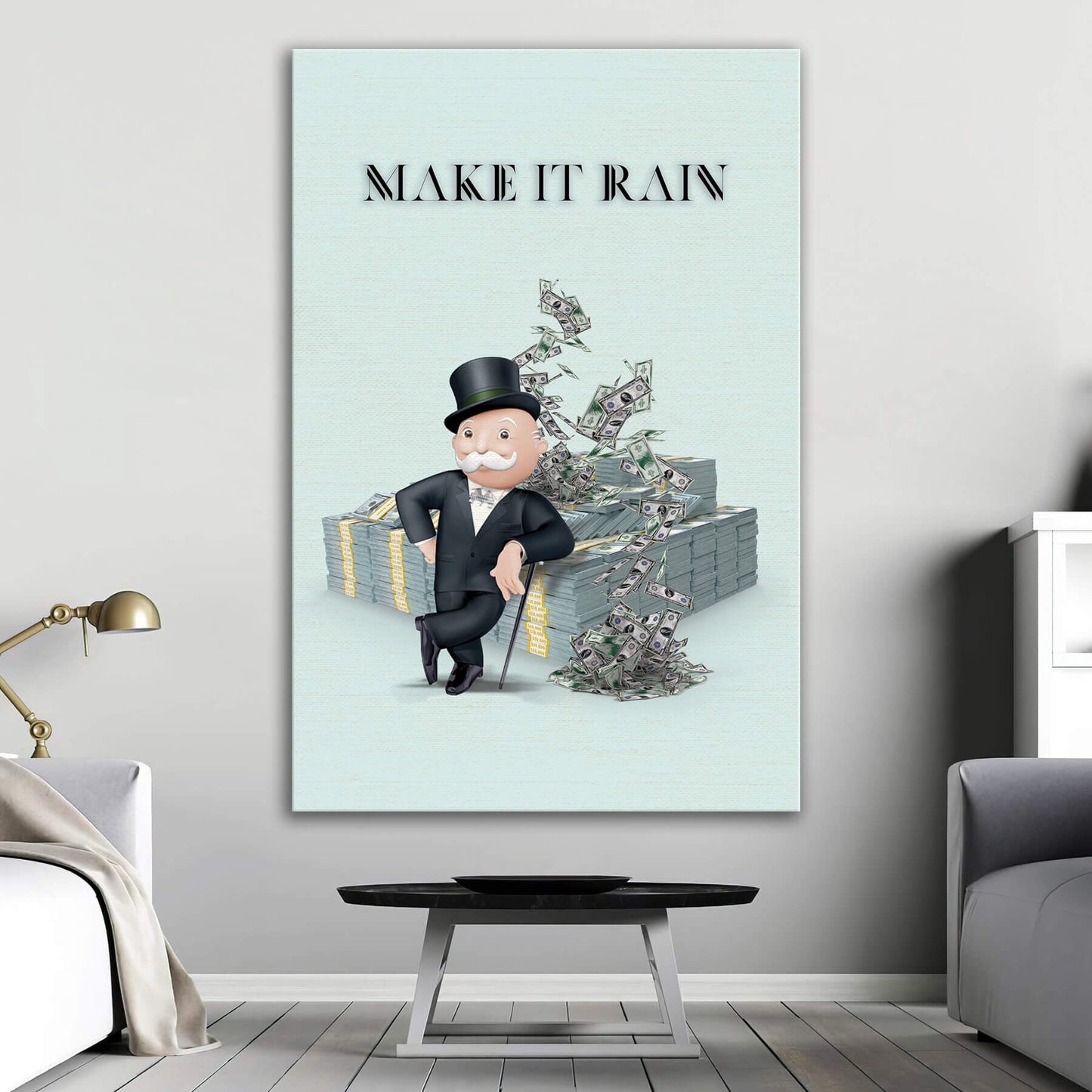 Alec Monopoly Canvas Make It Rain Money Art for Inspirational Living Rooms and Motivational Office Decor