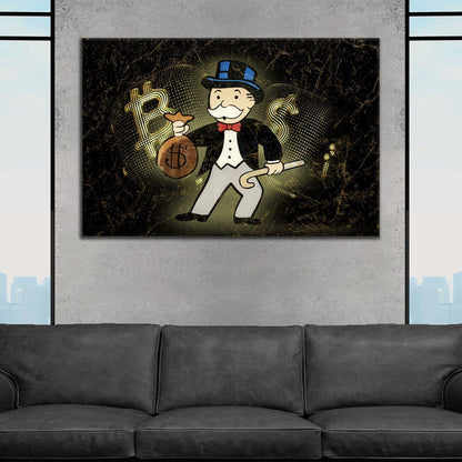 Luxury Alec Monopoly Wall Art - US Dollar vs Bitcoin Pop Print on Canvas with Gold 100 Bill LV Sign and Uncle Sam