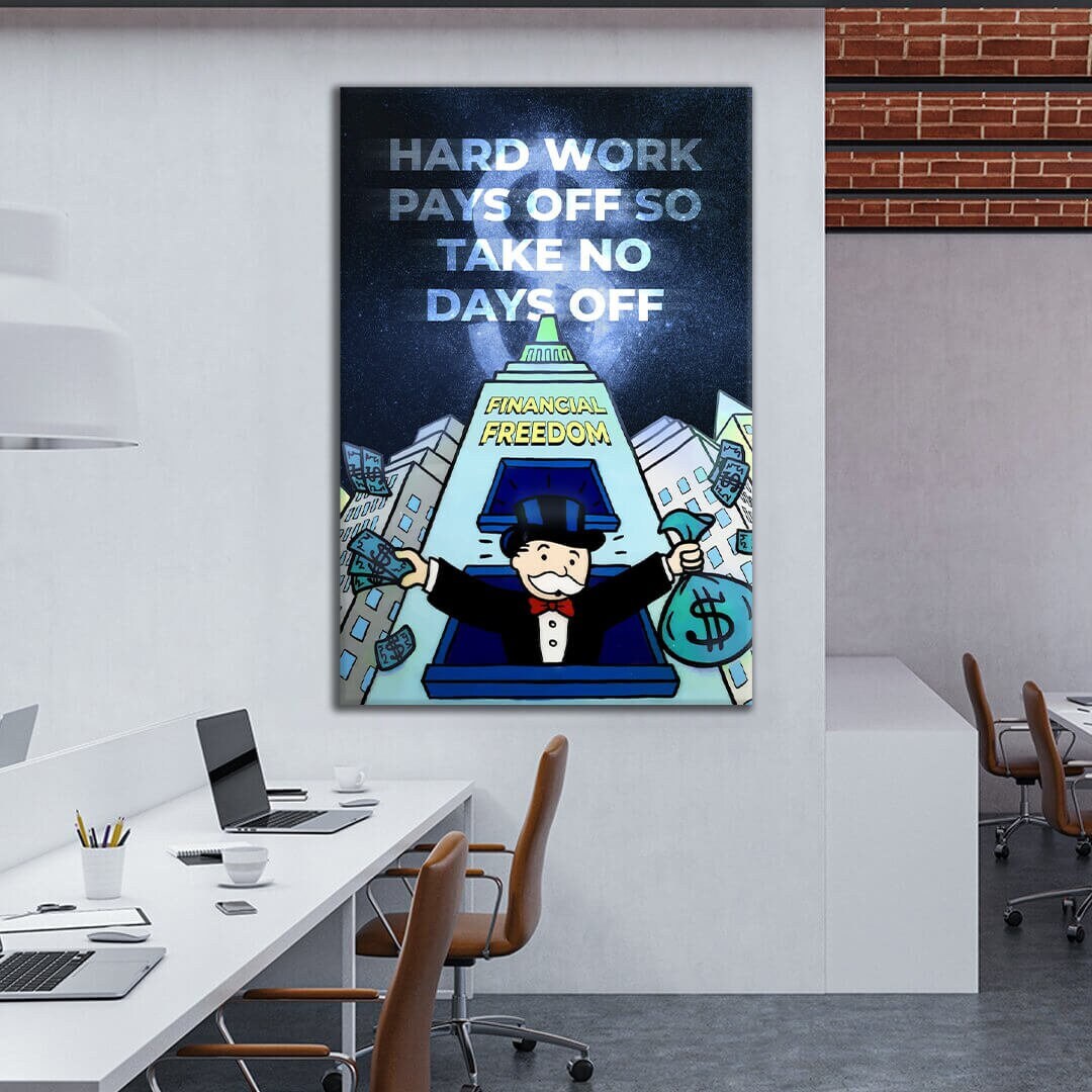 ALEC MONOPOLY Blue Canvas Hard Work Pays Off for Financial Freedom with Monopoly Man Art and Hustle and Grind Poster