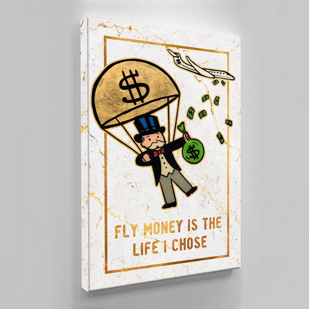 Limited Edition Alec Monopoly Canvas - Gold Fly Money Life Motivational Wall Art for Luxury Office Decor