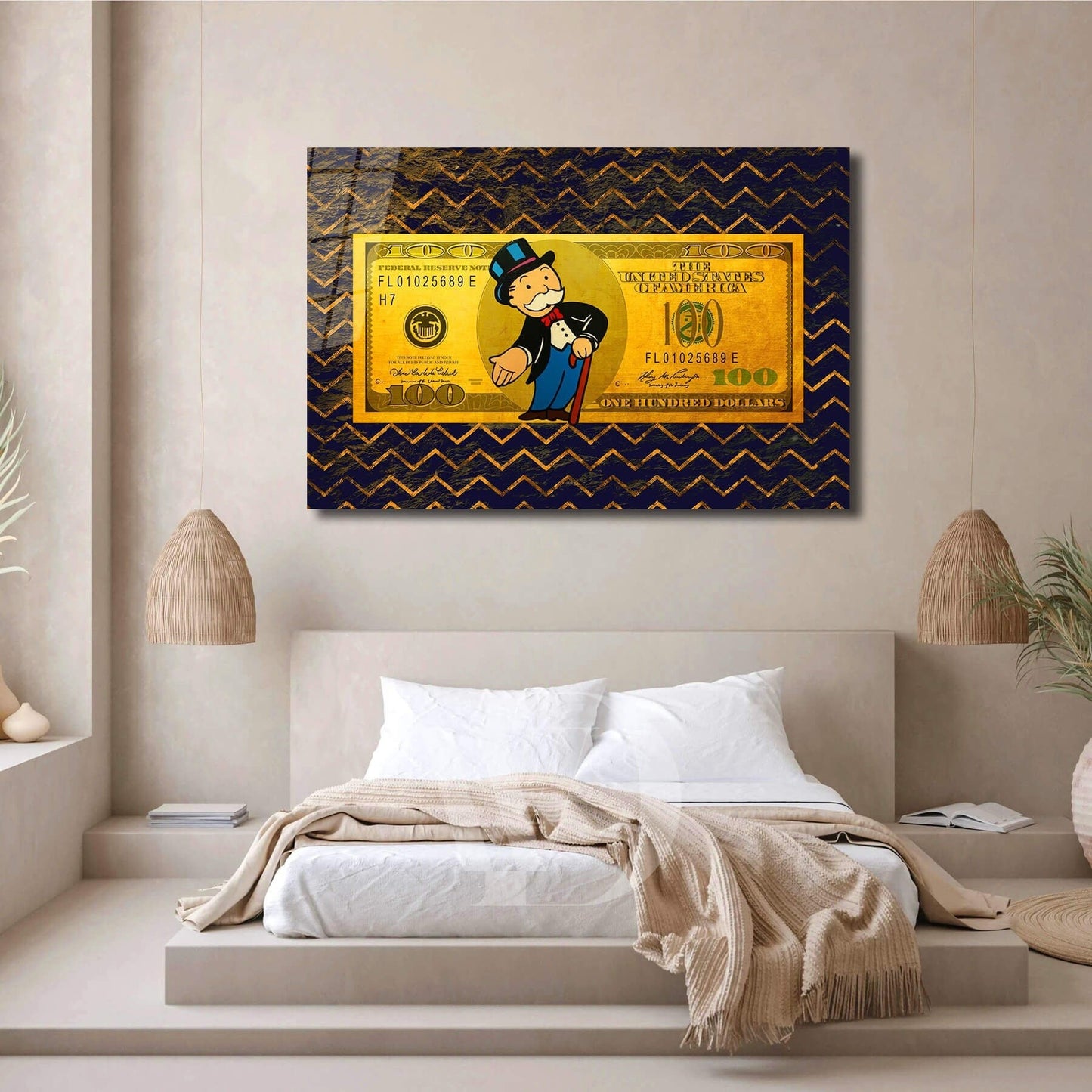 Alec Monopoly 100 Dollar Bill Print - Premium Canvas Wall Art with Gold Accents and Uncle Sam Design -Home or Office Decor in Luxury Style