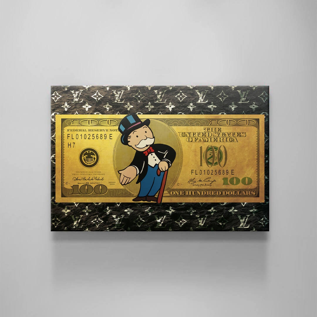 Elevate Your Space with Alec Monopoly LV US Dollar Pop Art Wall Decor - Gold Style Print on Luxury Canvas Featuring Uncle Sam