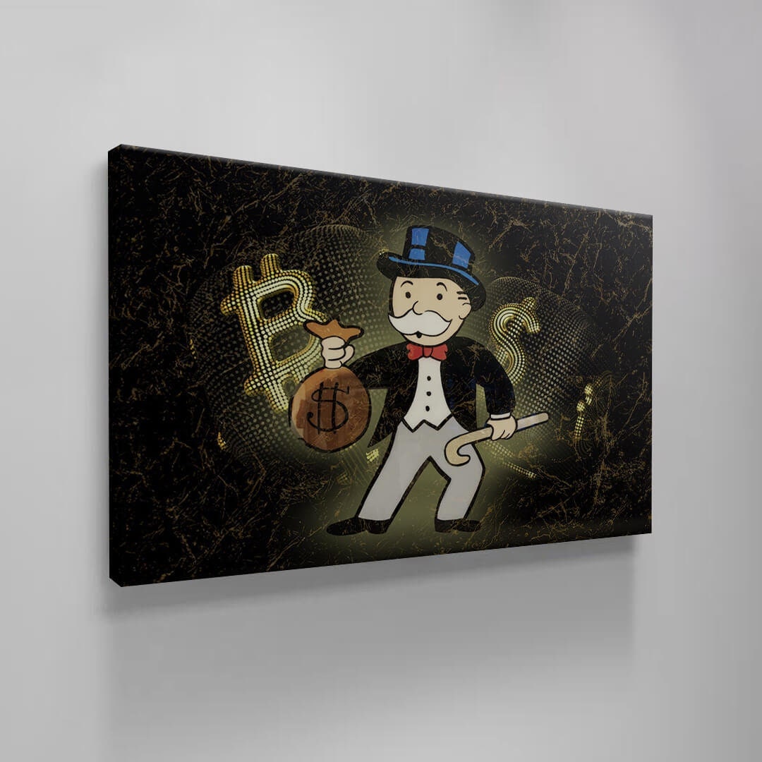 Luxury Alec Monopoly Wall Art - US Dollar vs Bitcoin Pop Print on Canvas with Gold 100 Bill LV Sign and Uncle Sam