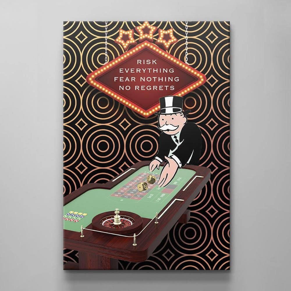 Alec Monopoly Motivational Canvas Gambling Table Poster Featuring Risk  No Regrets Art for Entrepreneurs and Office Decor