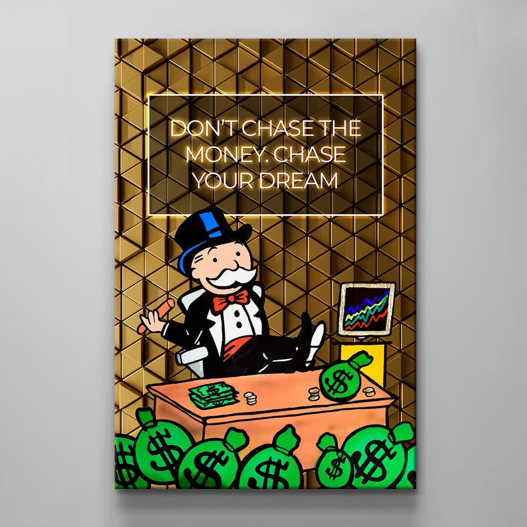 ALEC MONOPOLY Wall Art - Chase Your Dreams with this Motivational Canvas - Luxury Lifestyle in Gold Monopoly Man Pop Art