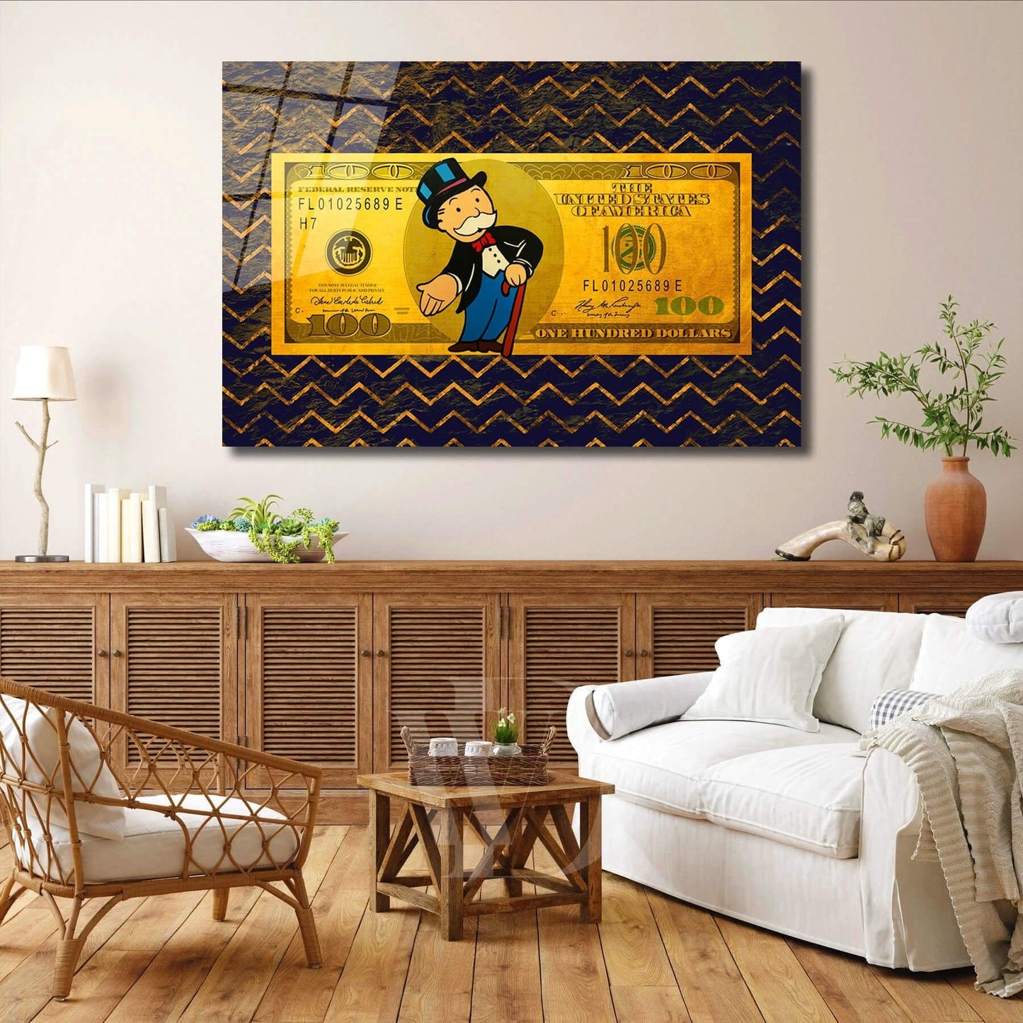 Alec Monopoly 100 Dollar Bill Print - Premium Canvas Wall Art with Gold Accents and Uncle Sam Design -Home or Office Decor in Luxury Style