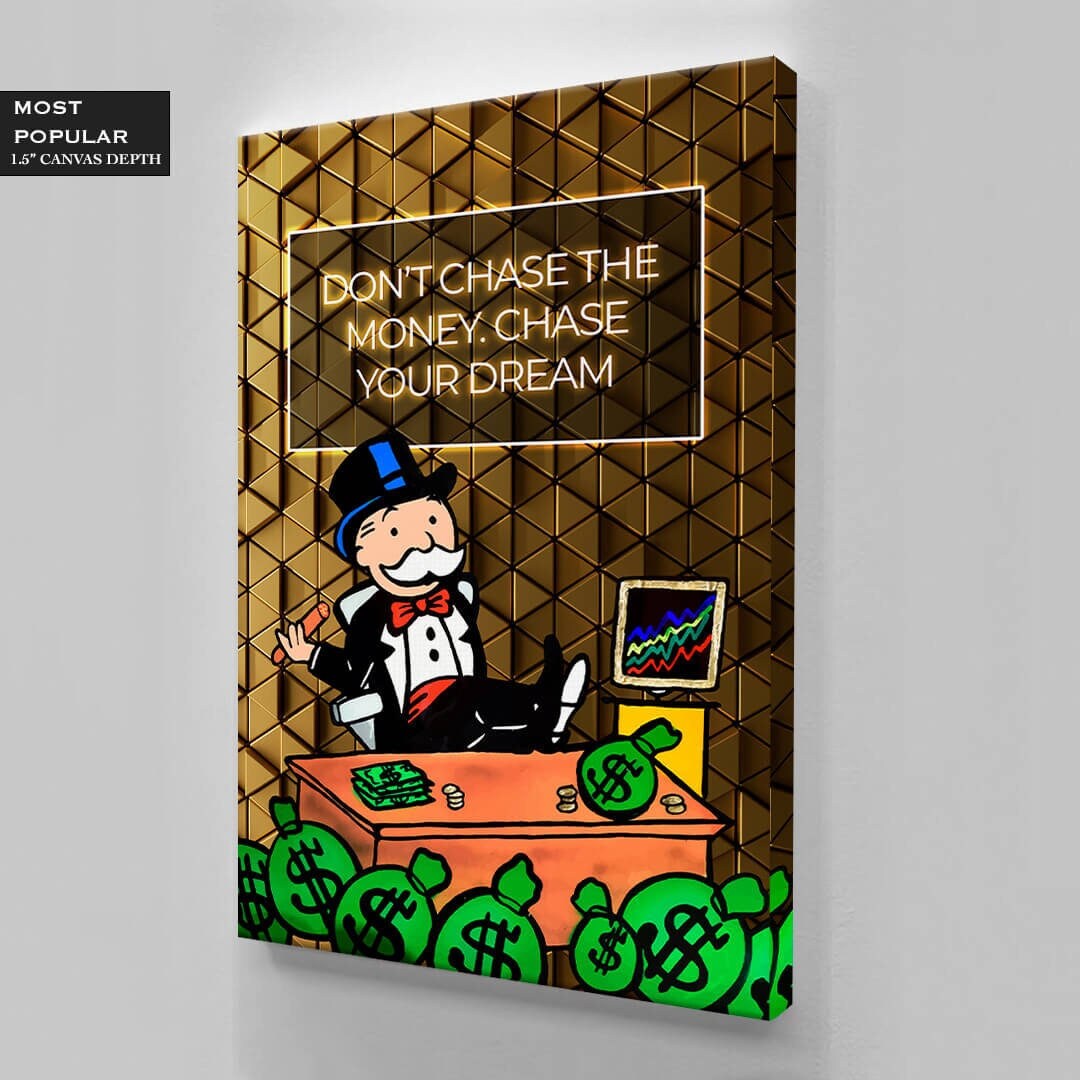 ALEC MONOPOLY Wall Art - Chase Your Dreams with this Motivational Canvas - Luxury Lifestyle in Gold Monopoly Man Pop Art