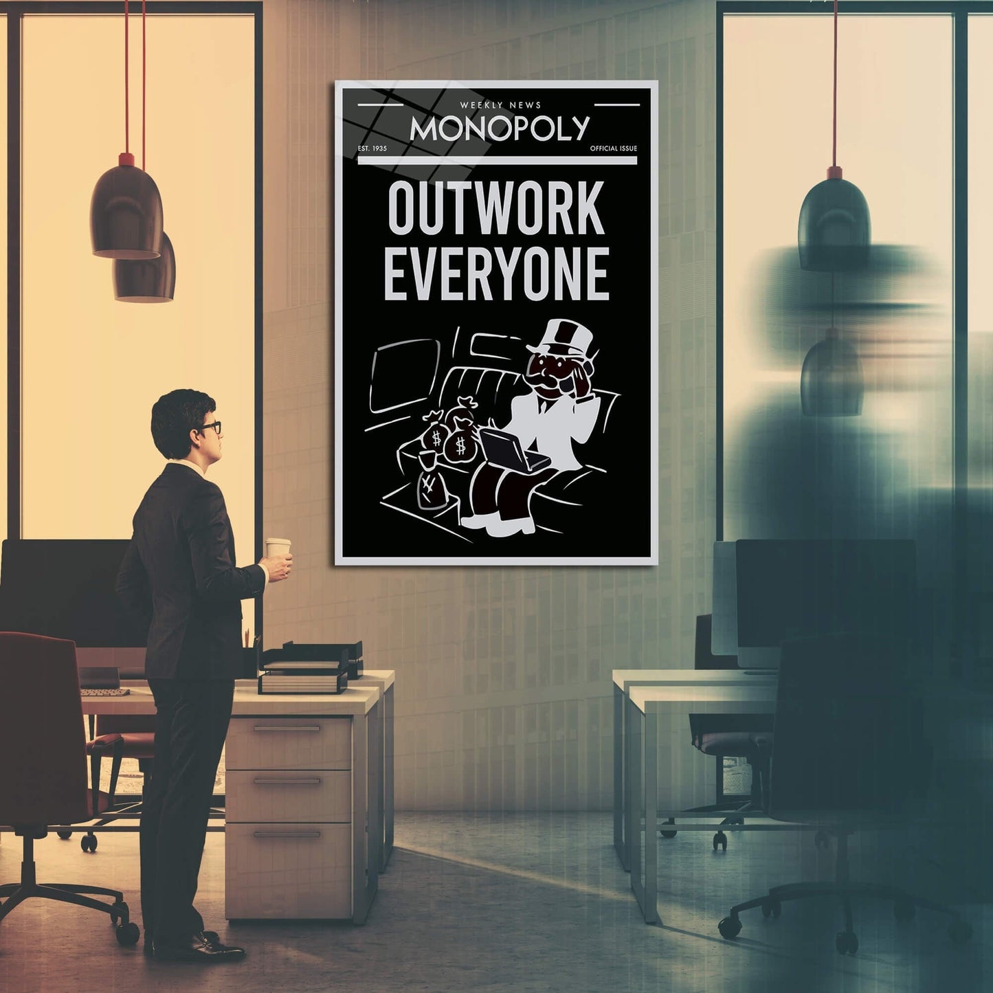 OUTWORK EVERYONE Alec Monopoly Wall Art - Motivational Inspirational Black and White Uncle Sam Office Canvas for Entrepreneur Print