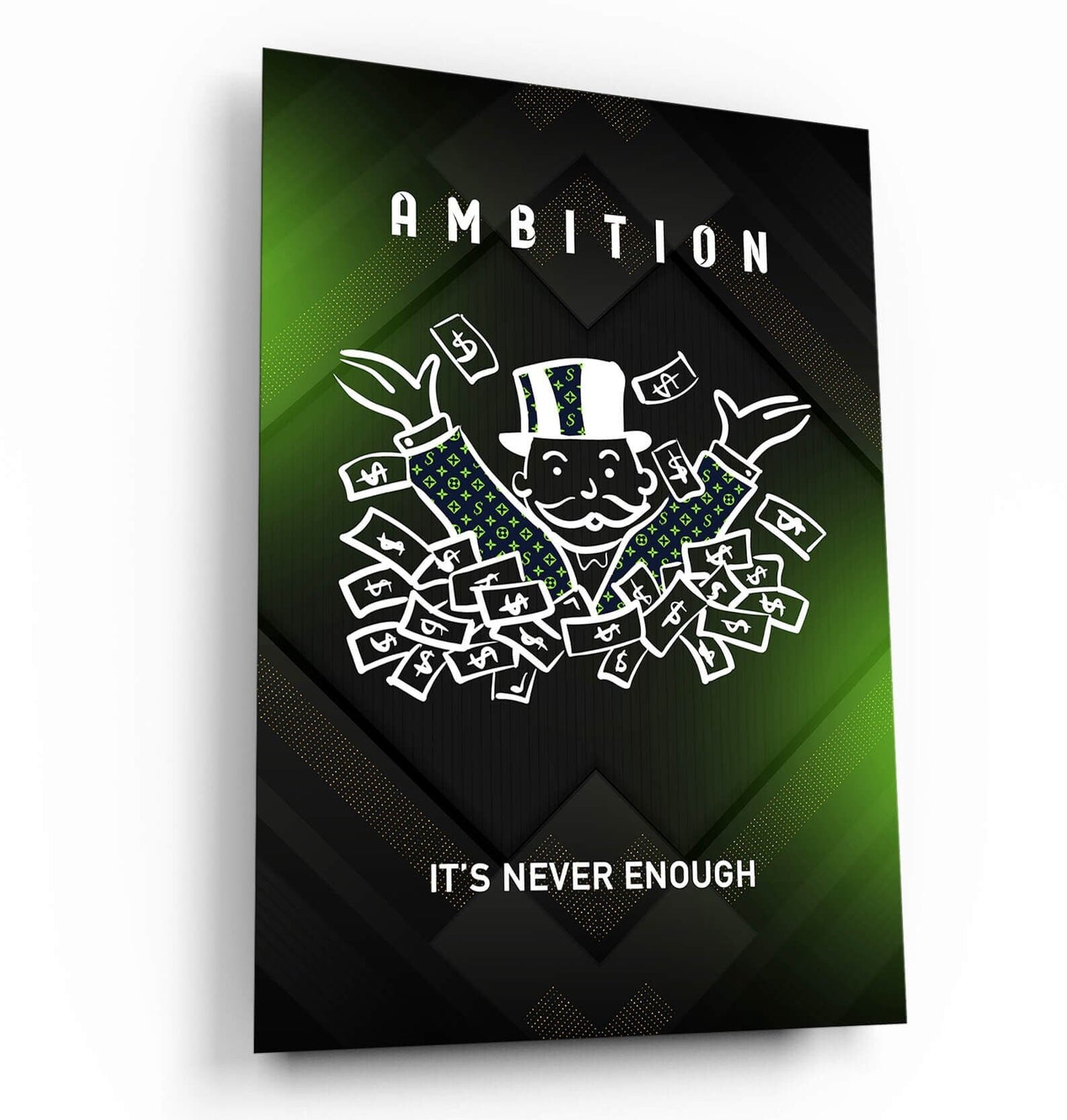 ALEC MONOPOLY Entrepreneurs Canvas Art - Green Money and Motivational Quote Design Ambition Never Enough USA Made