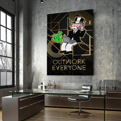 ALEC MONOPOLY Wall Art - Outwork Everyone Poster Hustle and Grind Print Never Give Up Canvas - Entrepreneur Motivational Pop Art for Office