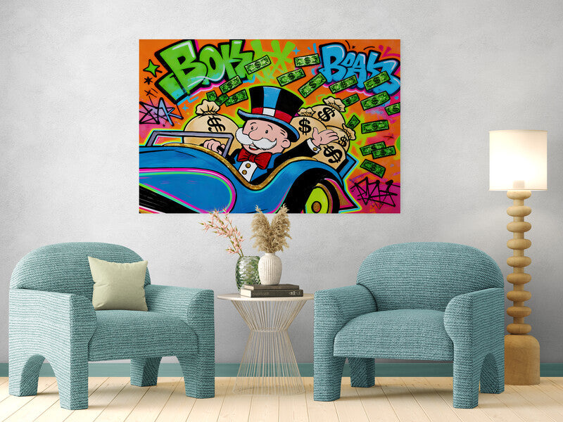 Alec Monopoly Street Canvas Graffiti Money Blue Car Wall Art Luxury Money Wall Art Canvas Wealth & Success Artwork  Modern Office Decor