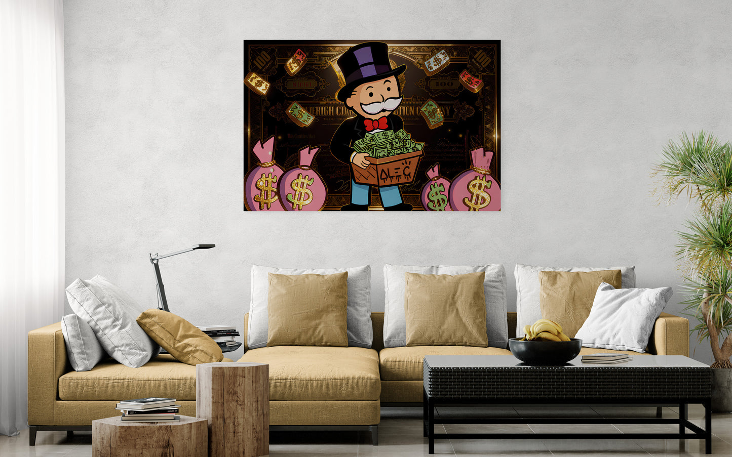 Alec Monopoly Street Canvas Graffiti Money Bag Car Wall Art Luxury Money Wall Art Canvas Wealth & Success Artwork Modern Office Decor