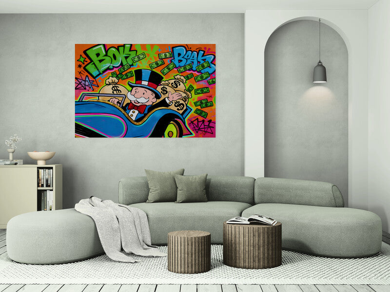 Alec Monopoly Street Canvas Graffiti Money Blue Car Wall Art Luxury Money Wall Art Canvas Wealth & Success Artwork  Modern Office Decor