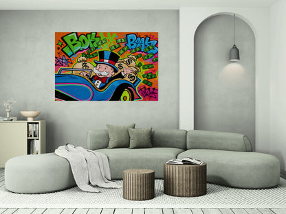 Alec Monopoly Street Canvas Graffiti Money Blue Car Wall Art Luxury Money Wall Art Canvas Wealth & Success Artwork  Modern Office Decor