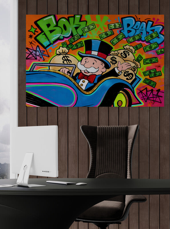 Alec Monopoly Street Canvas Graffiti Money Blue Car Wall Art Luxury Money Wall Art Canvas Wealth & Success Artwork  Modern Office Decor