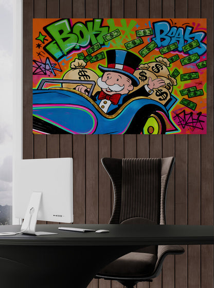 Alec Monopoly Street Canvas Graffiti Money Blue Car Wall Art Luxury Money Wall Art Canvas Wealth & Success Artwork  Modern Office Decor