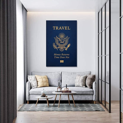 Travel American Passport Wall Art - Canvas Prints - Traveler Motivational Decor - Blue Modern Design Art - High Quality Home Wall Decor