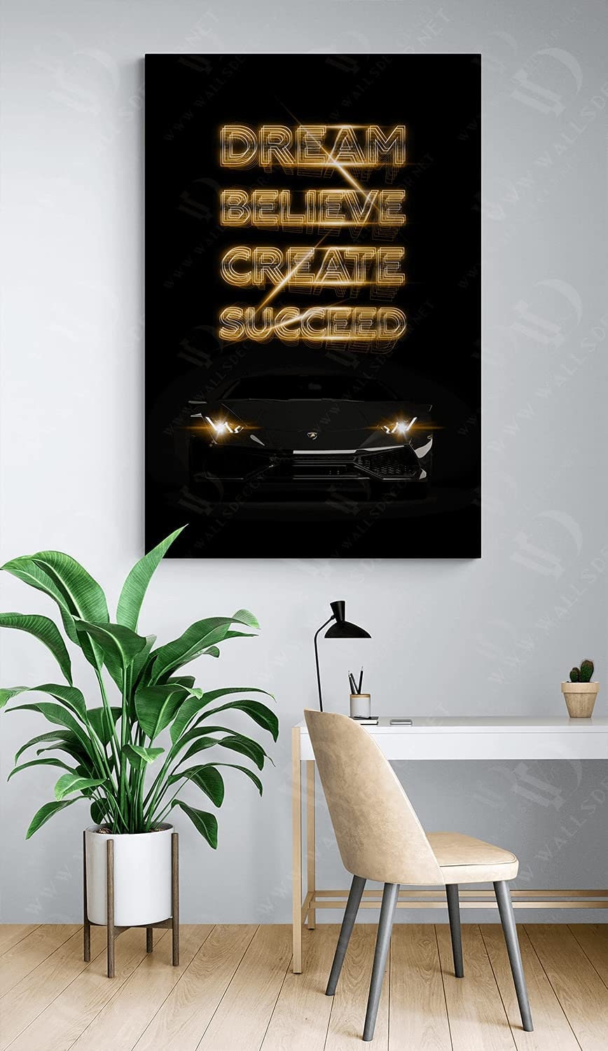 Lamborghini Motivational Wall Art Canvas Print Office Decor Entrepreneur Inspirational Quote Dream Believe Create Succeed Sport Car Poster