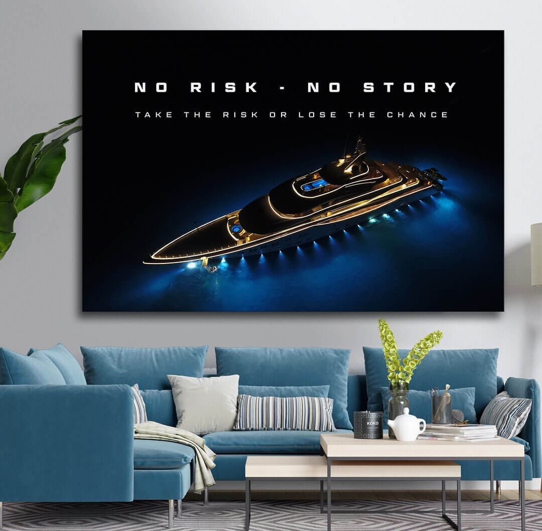 Luxury Yacht Motivational Wall Art Canvas Print Office Decor Entrepreneur Inspirational Quote Success Business Poster No Risk No Story