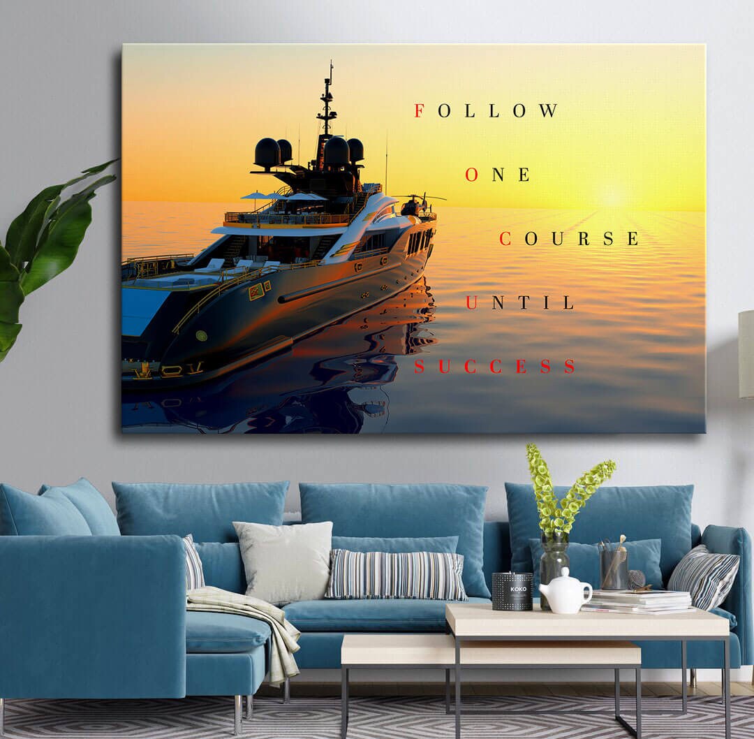 Luxury Yacht Motivational Wall Art Canvas Print Office Decor Entrepreneur Inspirational Quote Success Business Poster Sunset Ocean