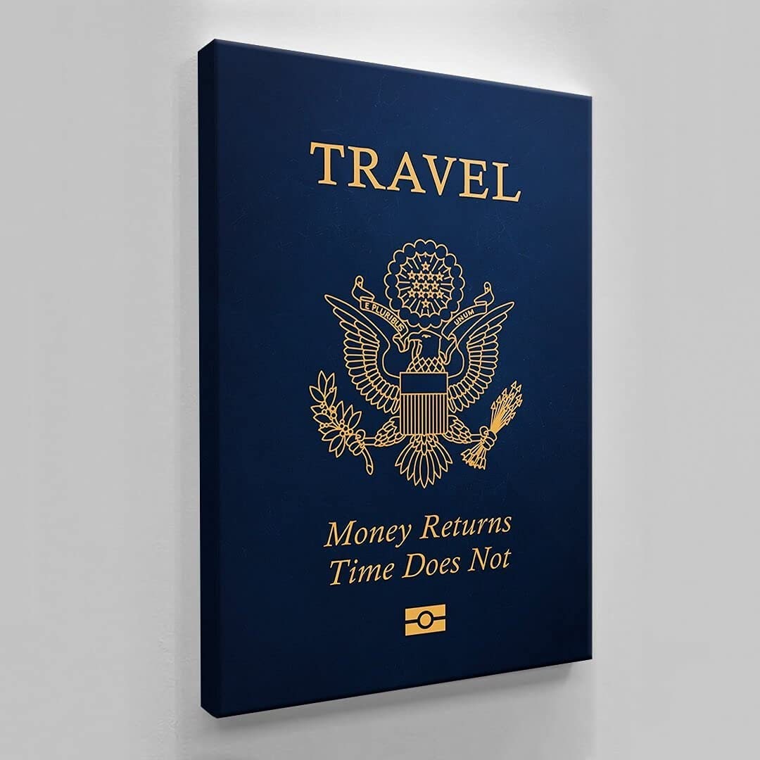 Travel American Passport Wall Art - Canvas Prints - Traveler Motivational Decor - Blue Modern Design Art - High Quality Home Wall Decor