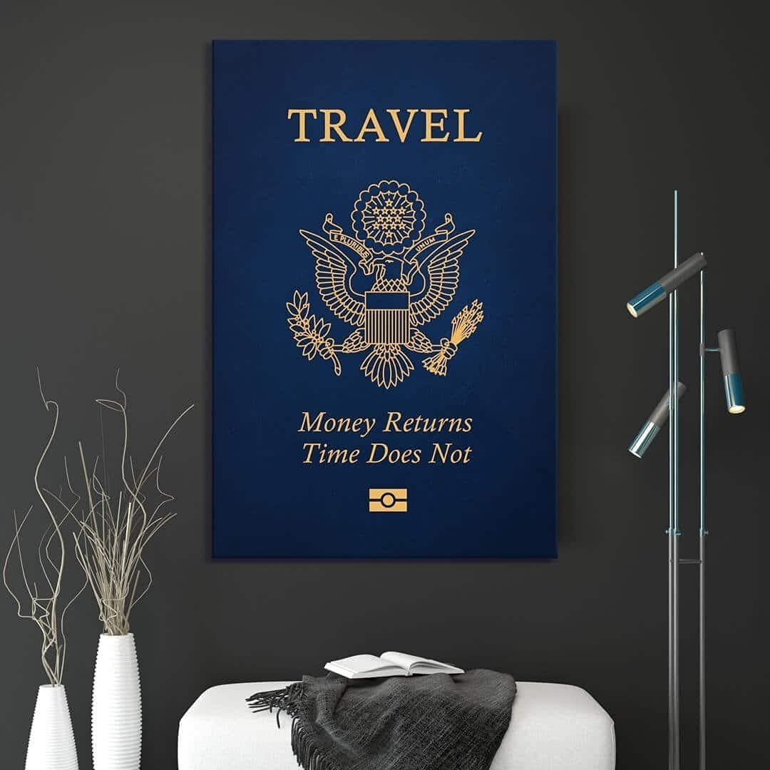 Travel American Passport Wall Art - Canvas Prints - Traveler Motivational Decor - Blue Modern Design Art - High Quality Home Wall Decor