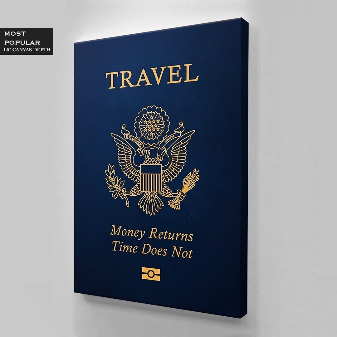 Travel American Passport Wall Art - Canvas Prints - Traveler Motivational Decor - Blue Modern Design Art - High Quality Home Wall Decor