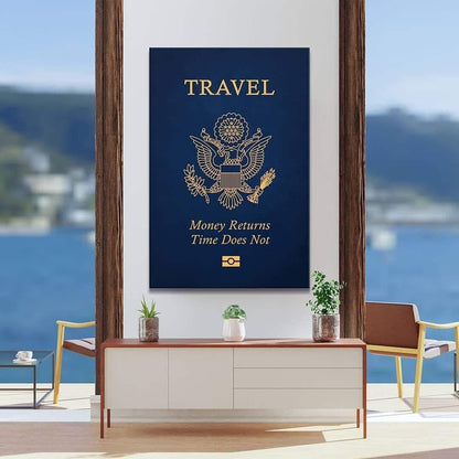 Travel American Passport Wall Art - Canvas Prints - Traveler Motivational Decor - Blue Modern Design Art - High Quality Home Wall Decor