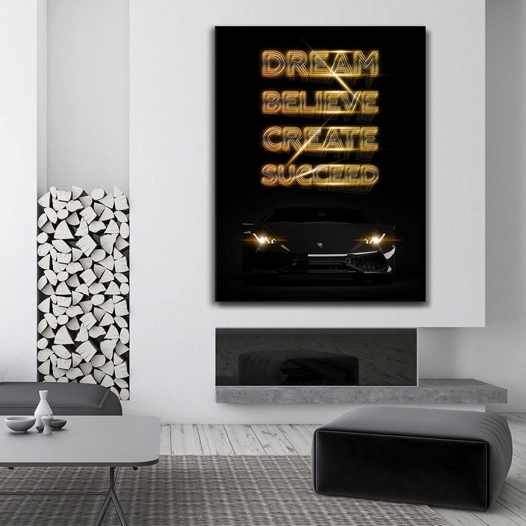 Lamborghini Motivational Wall Art Canvas Print Office Decor Entrepreneur Inspirational Quote Dream Believe Create Succeed Sport Car Poster