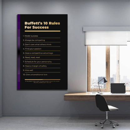 Motivational office decor canvas print inspirational SUCCESS art Warren Buffett 10 rules for SUCCESS investor entrepreneur wall decor living room