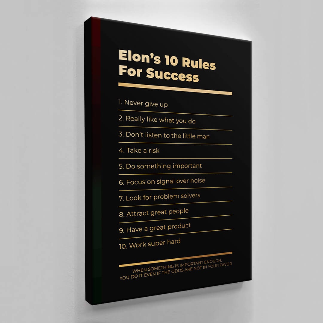 Motivational office decor canvas print inspirational SUCCESS art Elon Musk 10 rules for SUCCESS investor entrepreneur wall decor living room poster