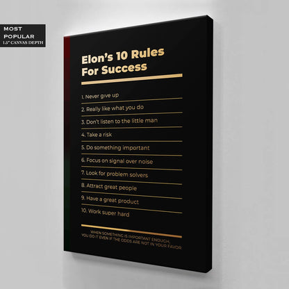 Motivational office decor canvas print inspirational SUCCESS art Elon Musk 10 rules for SUCCESS investor entrepreneur wall decor living room poster