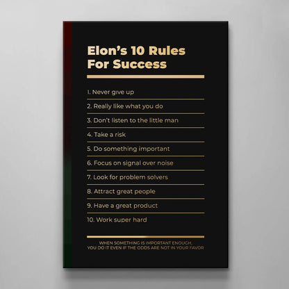 Motivational office decor canvas print inspirational SUCCESS art Elon Musk 10 rules for SUCCESS investor entrepreneur wall decor living room poster