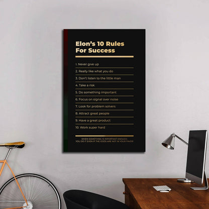 Motivational office decor canvas print inspirational SUCCESS art Elon Musk 10 rules for SUCCESS investor entrepreneur wall decor living room poster