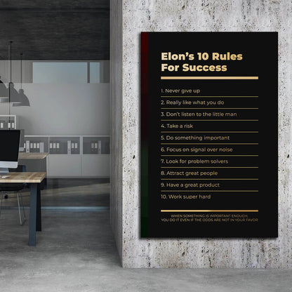 Motivational office decor canvas print inspirational SUCCESS art Elon Musk 10 rules for SUCCESS investor entrepreneur wall decor living room poster