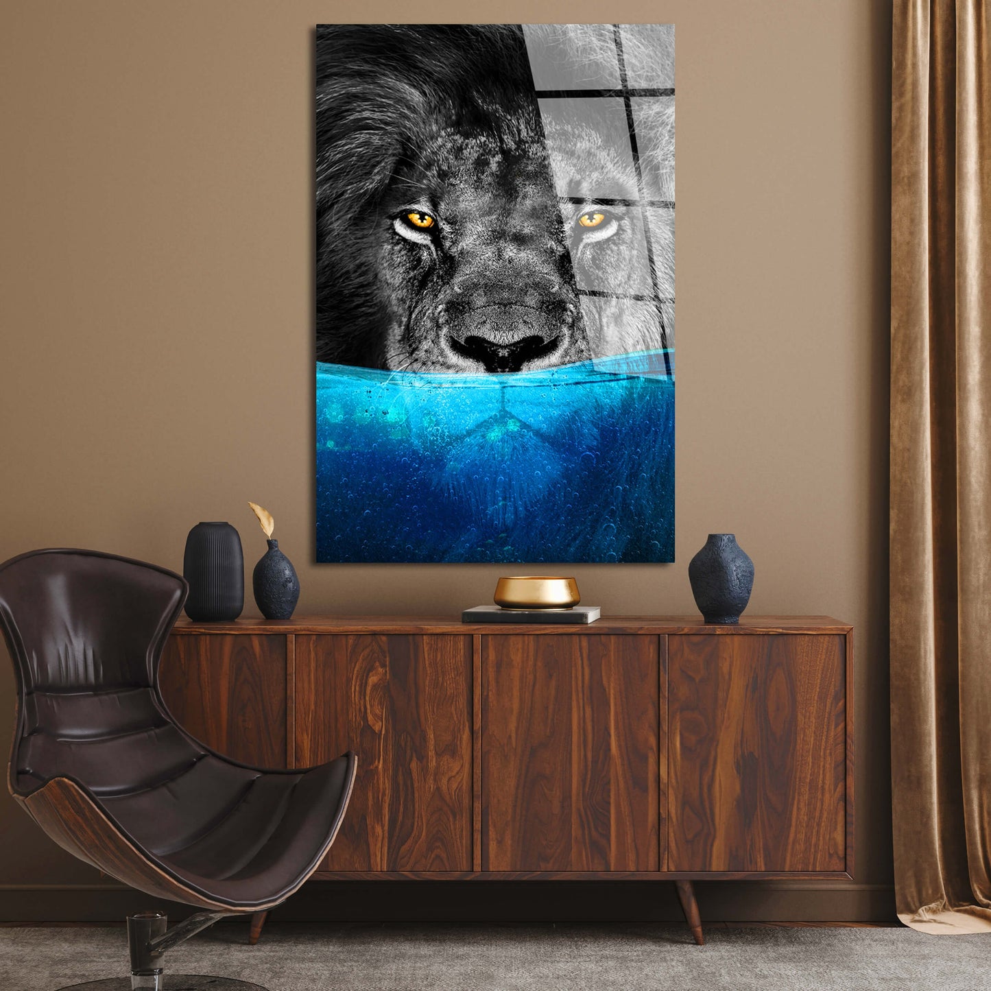 Lion Underwater - Acrylic or Metal Poster Gloss Effect Print - Wild Lion King Art - Lion Head Wall Art for Home or Office - Celebration Gift