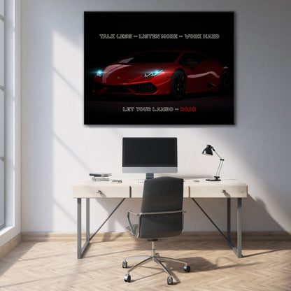 Motivational Acrylic or Canvas Poster Print Red Lambo Car Let Your Lambo Roar Art Inspirational Entrepreneur Home Office Decor