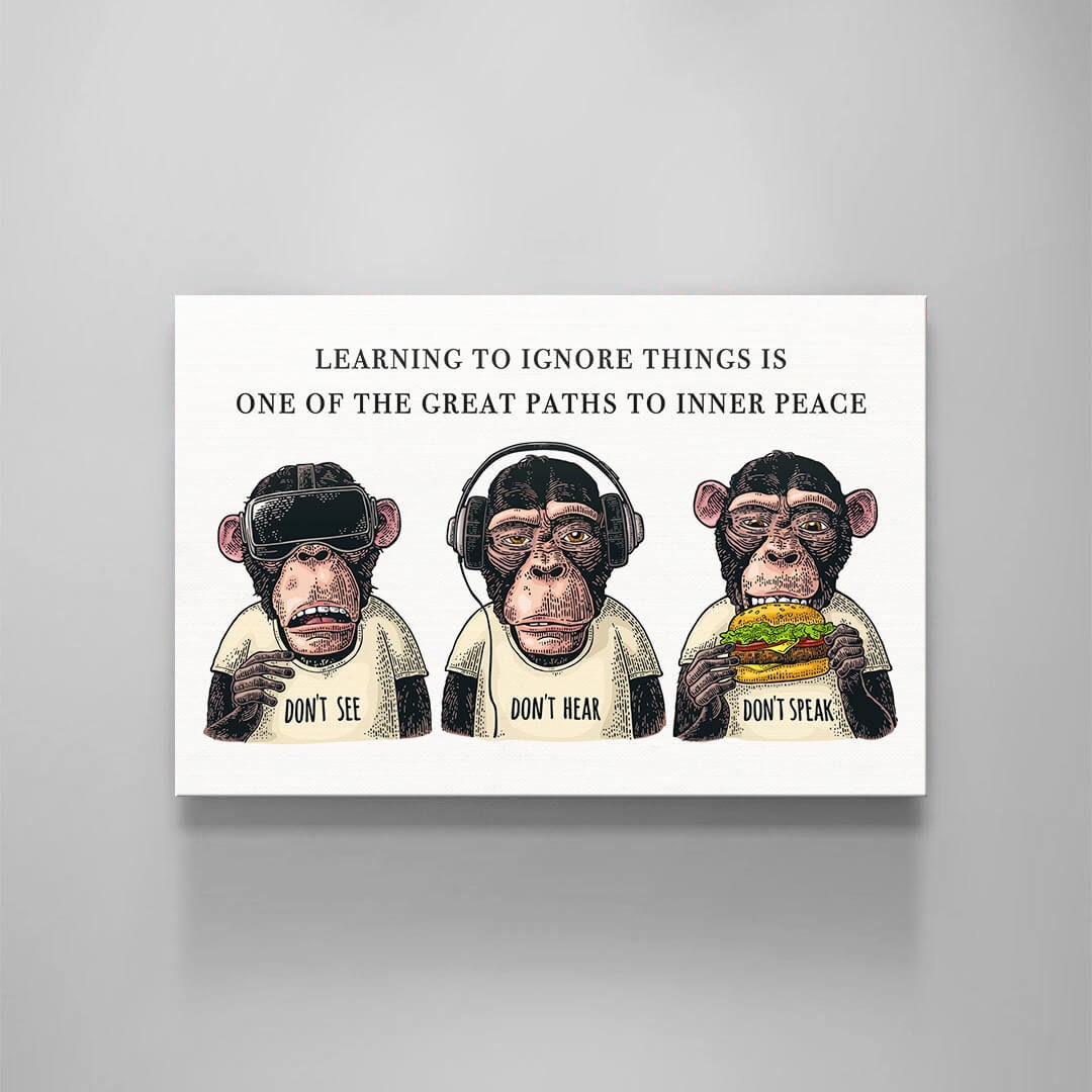 Three Wise Monkeys Modern Art - Don't See, Don't Hear, Don't Speak - Acrylic Metal Canvas Ignore Things for Inner Peace Ape Poster