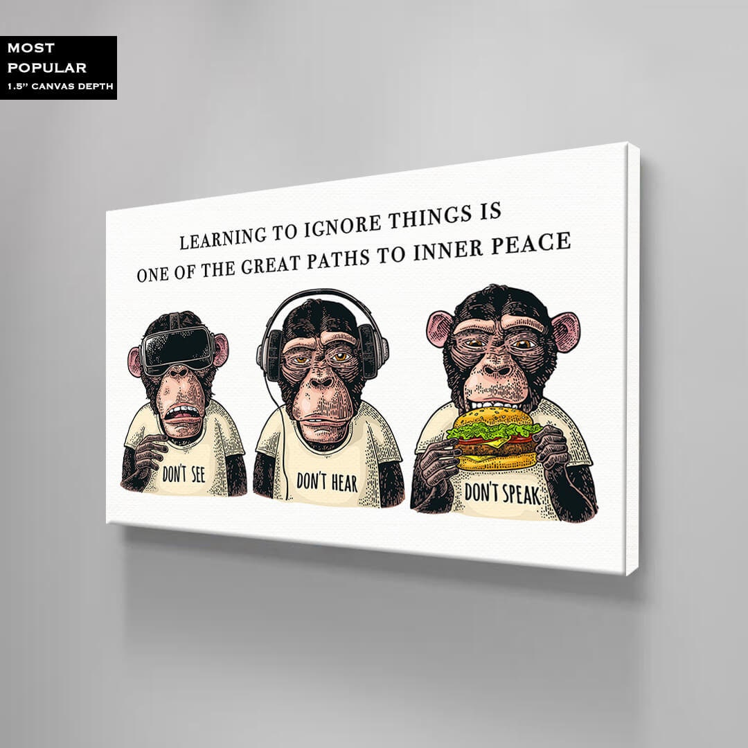 Three Wise Monkeys Modern Art - Don't See, Don't Hear, Don't Speak - Acrylic Metal Canvas Ignore Things for Inner Peace Ape Poster