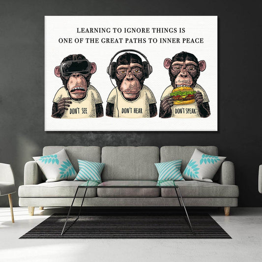 Three Wise Monkeys Modern Art - Don't See, Don't Hear, Don't Speak - Acrylic Metal Canvas Ignore Things for Inner Peace Ape Poster