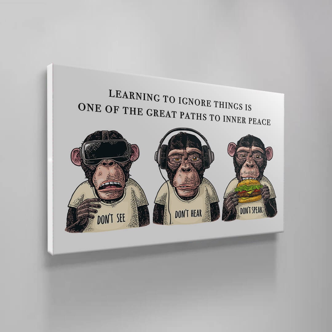 Three Wise Monkeys Modern Art - Don't See, Don't Hear, Don't Speak - Acrylic Metal Canvas Ignore Things for Inner Peace Ape Poster