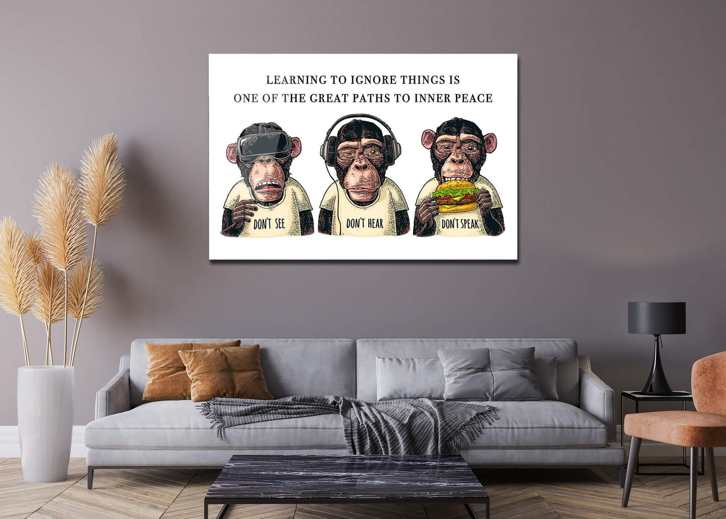 Three Wise Monkeys Modern Art - Don't See, Don't Hear, Don't Speak - Acrylic Metal Canvas Ignore Things for Inner Peace Ape Poster