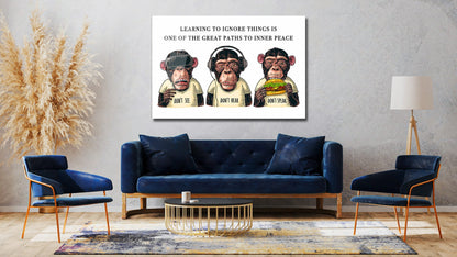 Three Wise Monkeys Modern Art - Don't See, Don't Hear, Don't Speak - Acrylic Metal Canvas Ignore Things for Inner Peace Ape Poster