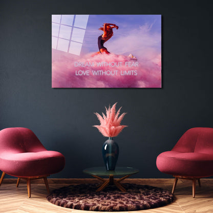 Dream Without Fear Love Without Limits Canvas Acrylic Metal Poster Print Dancing Woman in the Clouds Powerful Woman's Quote Wall Art